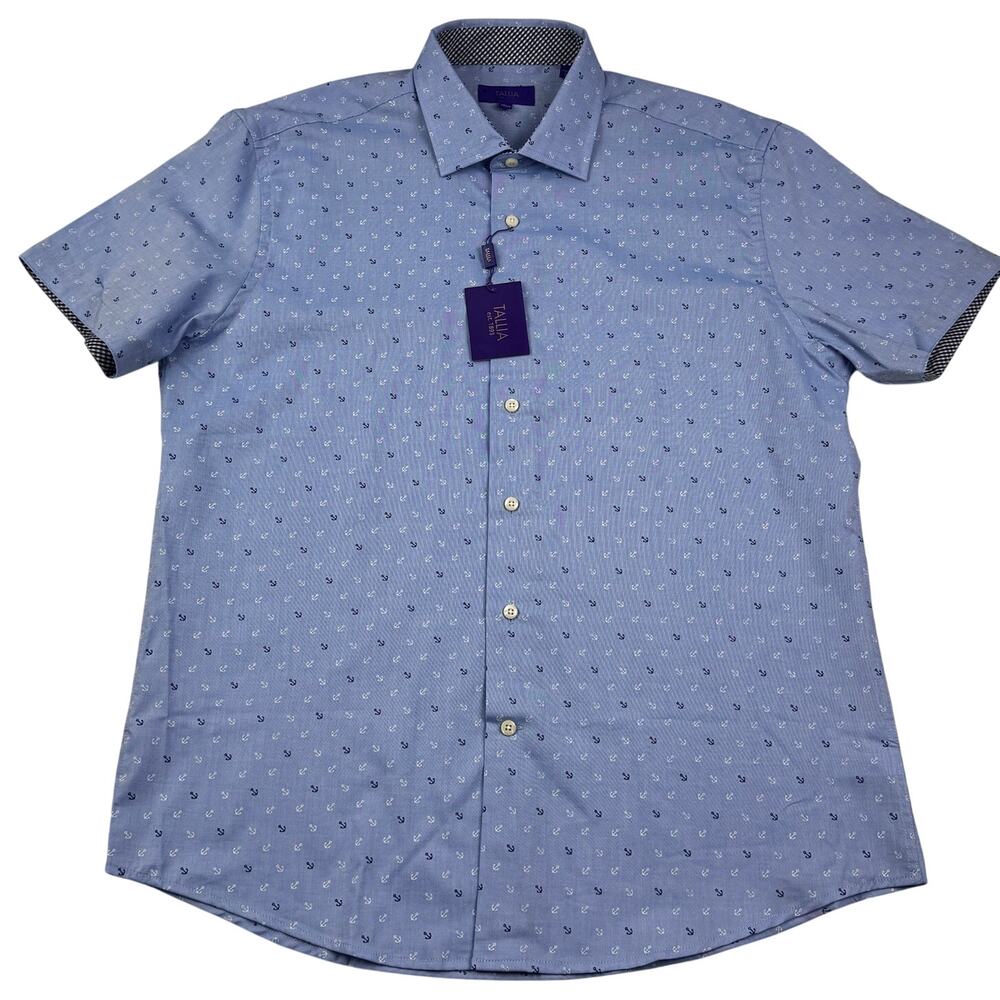 Tallia Nautical Anchor Print Lightweight Short Sleeve Button Down Shirt Men's L